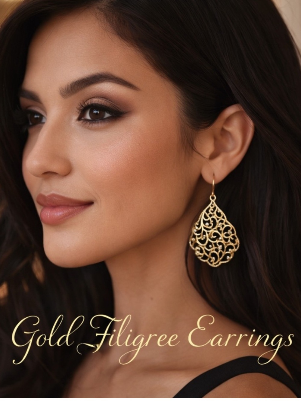 Gold Filigree Teardrop Dangle Earrings Rhinestone Boho Statement Jewelry